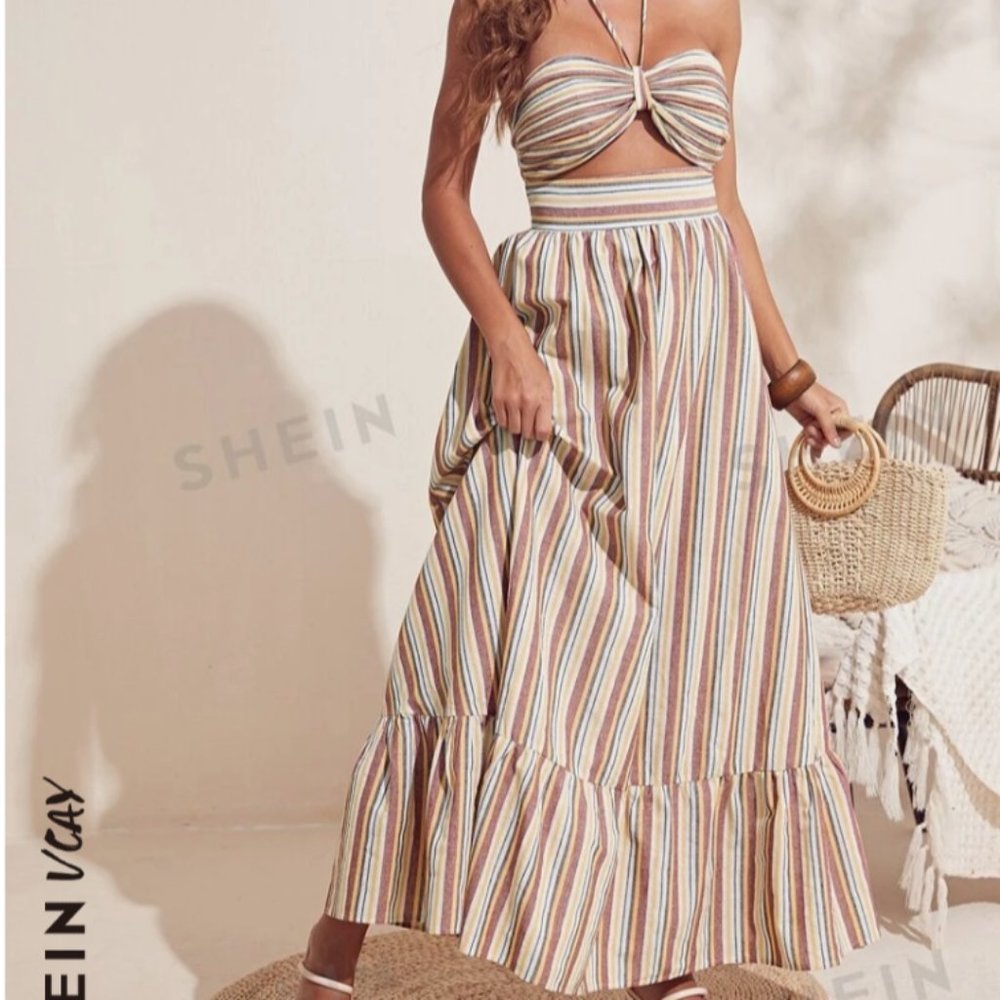 SHEIN VCAY Cutout Detail Striped Ruffle Hem Halter Dress Multicolor Size XS